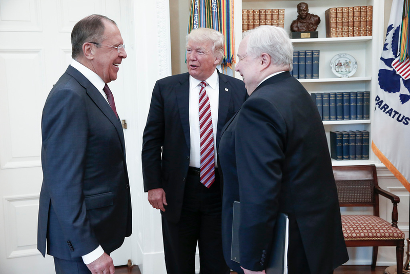 President Trump shares a laugh with Russian Foreign Minister Sergey Lavrov and Russian ambassador to the US Sergey Kislyak (Russian Foreign Ministry/ Flickr)